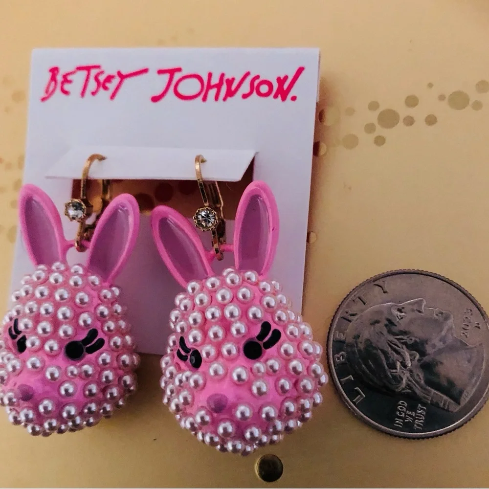 Authentic Betsey Johnson Earrings, Pink Enamel Bunny Pearl Beaded Rhinestone NWT